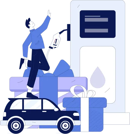 Menino reabastecendo carro em posto de gasolina  Ilustração