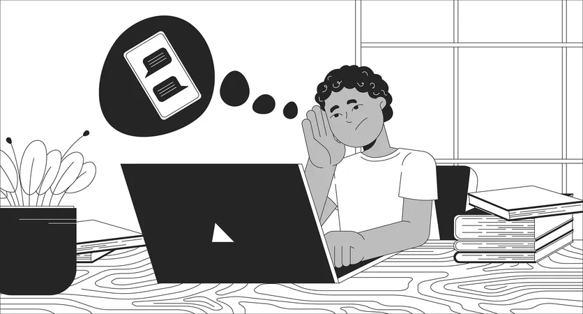 Garoto afro-americano pensando em conversar no laptop  Ilustração