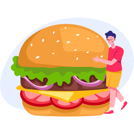 Garoto com vontade de hambúrguer  Ilustração