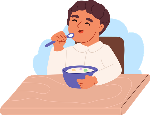 Garoto comendo mingau no café da manhã  Ilustração