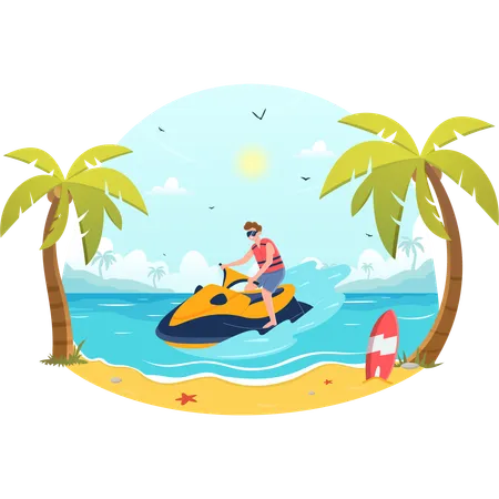 Menino desfrutando de jet ski na praia  Ilustração