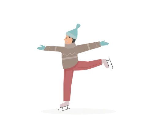 Garoto gostando de patinar no gelo  Ilustração