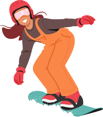 Criança destemida desliza pelas encostas nevadas no snowboard  Ilustração