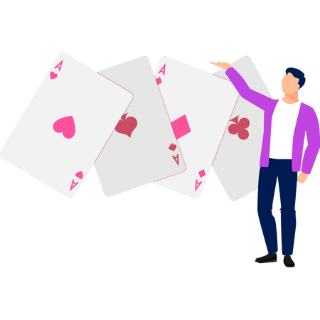 O menino está apontando para as diferentes cartas de pôquer  Ilustração