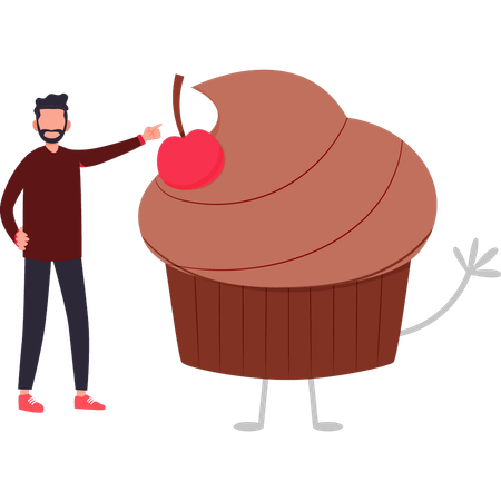 O menino está apontando para um cupcake de chocolate com cereja no topo  Ilustração