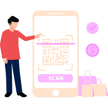 Garoto está digitalizando código QR no celular  Ilustração