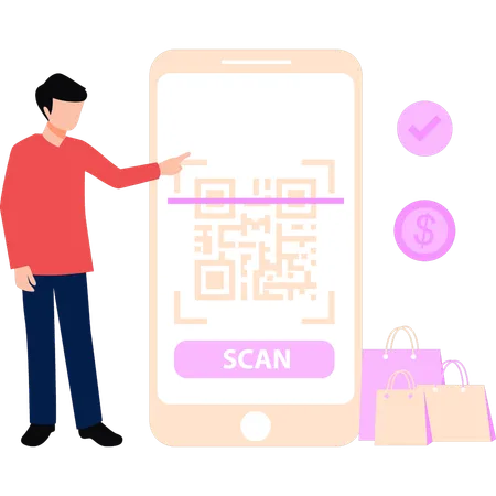 Garoto está digitalizando código QR no celular  Ilustração