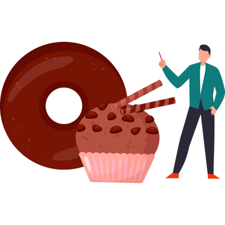 O menino está olhando cupcakes e donuts  Ilustração