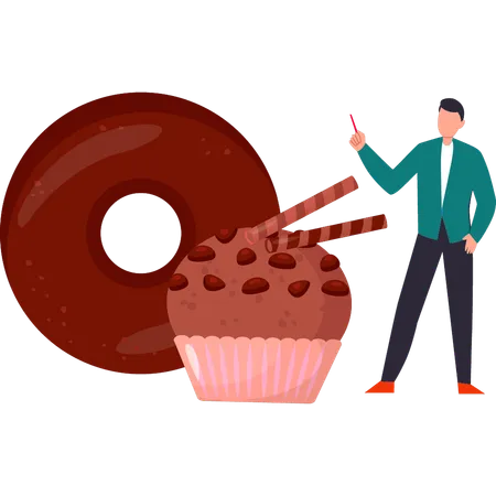 O menino está olhando cupcakes e donuts  Ilustração