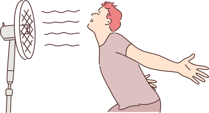 Garoto está tirando ar frio do ventilador  Ilustração