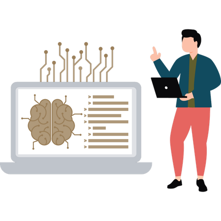 Garoto está trabalhando no cérebro de IA no laptop  Ilustração