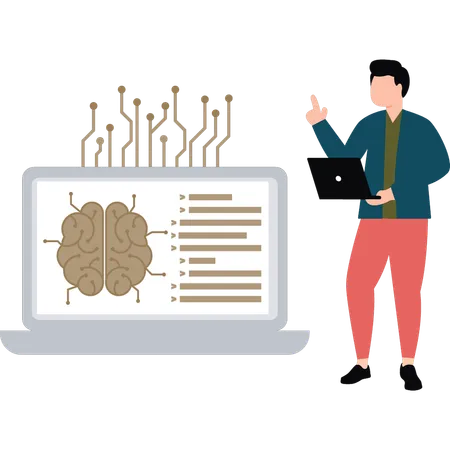 Garoto está trabalhando no cérebro de IA no laptop  Ilustração