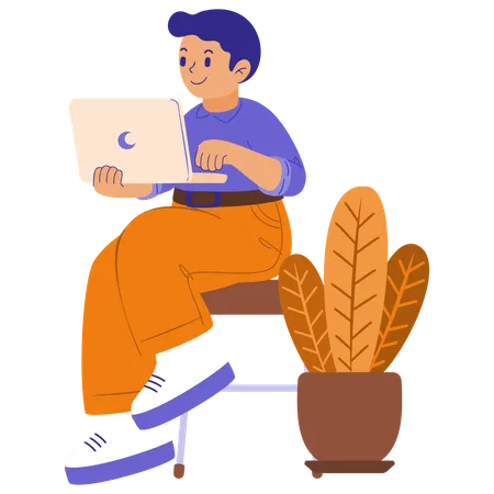 Garoto está trabalhando no laptop  Ilustração