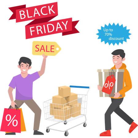 Garoto fazendo compras na promoção da Black Friday  Ilustração