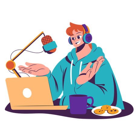 Garoto fazendo podcast no fim de semana  Ilustração