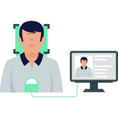Garoto fazendo verificação de segurança facial on-line  Ilustração