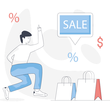 Garoto feliz com oferta de venda  Ilustração