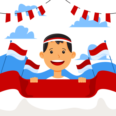 Garoto feliz comemorando o dia da independência da Indonésia espalhando bandeira  Ilustração