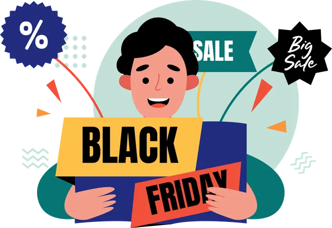 Garoto feliz fazendo compras na Black Friday  Ilustração