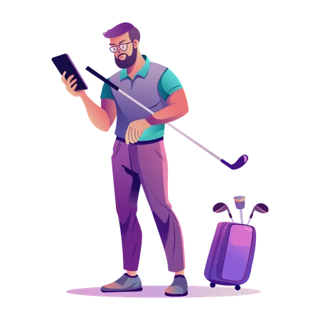 Menino jogando golfe segurando um celular enquanto joga golfe  Ilustração