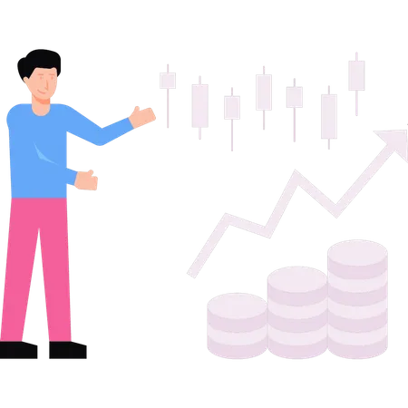 Menino mostrando o aumento do mercado de ações  Ilustração