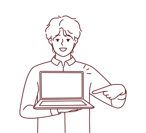 Menino mostrando a tela do laptop  Ilustração
