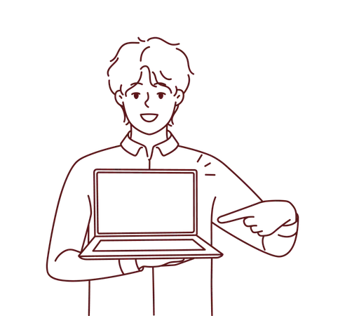 Menino mostrando a tela do laptop  Ilustração