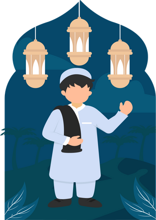 Menino muçulmano acenando com a mão  Ilustração
