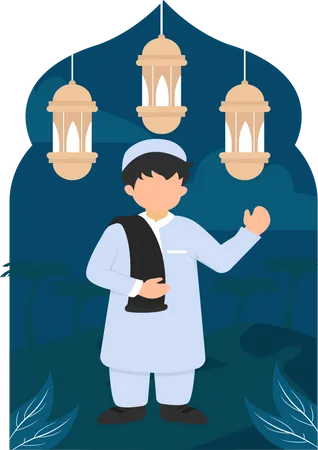 Menino muçulmano acenando com a mão  Ilustração