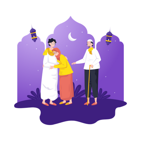 Menino muçulmano conhecendo os pais durante o Ramadã  Ilustração