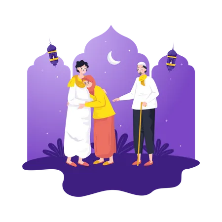 Ilustracao De Uma Familia Muculmana Se Encontrando Celebrando O Eid Mubarak Ilustração