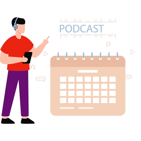 Garoto olhando a data do podcast no calendário  Ilustração