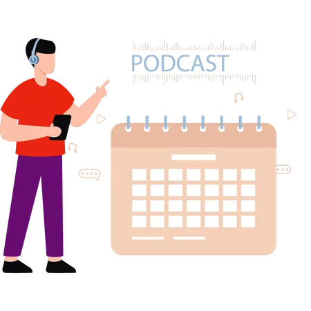 Garoto olhando a data do podcast no calendário  Ilustração