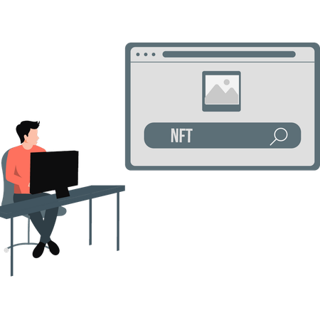 Menino procurando NFT no monitor  Ilustração