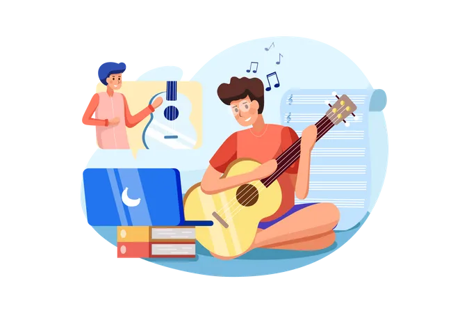 Menino tocando violão em sessão online com seu amigo  Ilustração