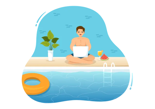 Menino trabalha na piscina  Ilustração