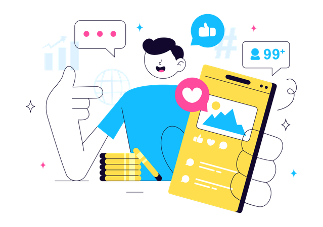 Garoto trabalhando com marketing de influência  Ilustração