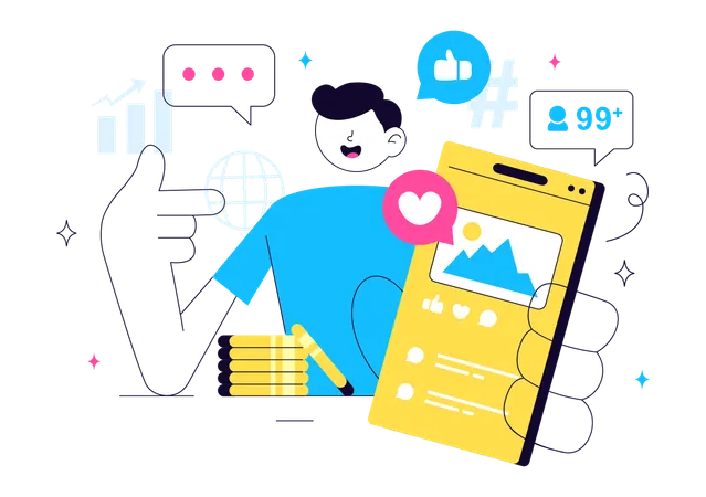 Garoto trabalhando com marketing de influência  Ilustração