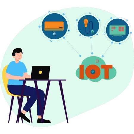 Garoto trabalhando em tecnologia iot  Ilustração