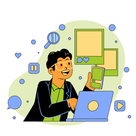 Menino trabalhando na criação de conteúdo  Ilustração
