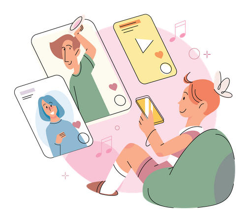 Garoto usando mídias sociais no celular  Ilustração