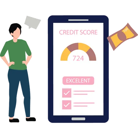 Garoto verificando pontuação de crédito no celular  Ilustração