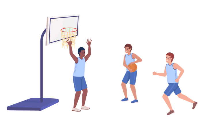 Meninos atléticos jogando basquete em equipe  Ilustração