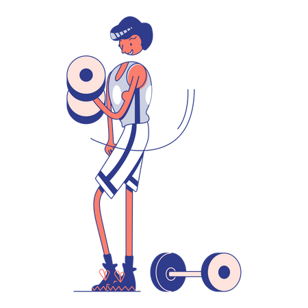 Type avec des haltères dans la salle de gym  Illustration