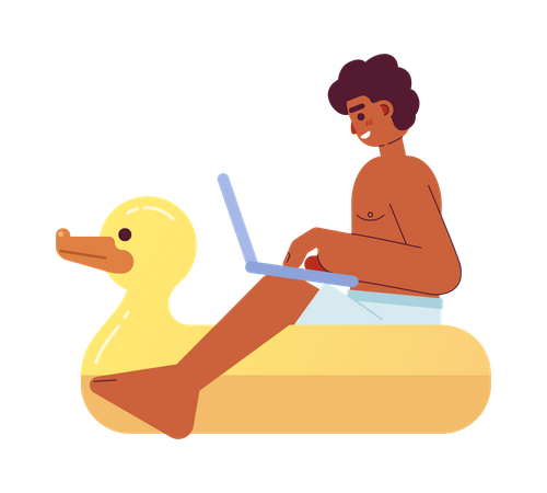 Guy avec un ordinateur portable sur un flotteur de piscine à canards  Illustration