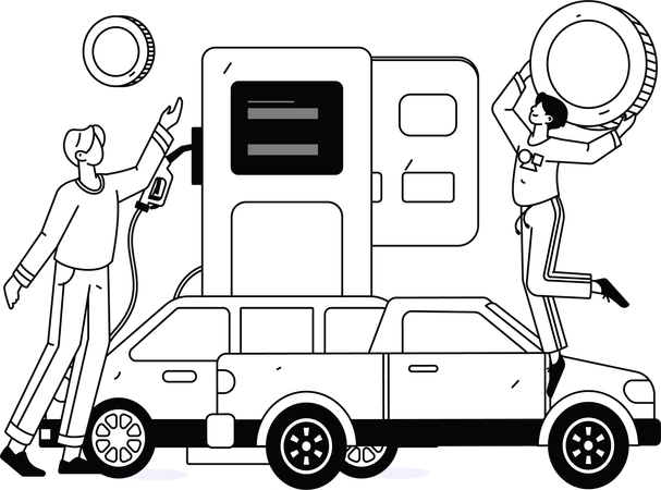 Des gars effectuent un paiement en espèces à une station-service  Illustration