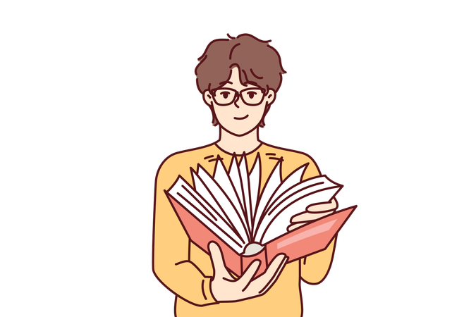 Un étudiant de type feuilletant un livre pour rechercher des informations pour la préparation d'un essai donné par l'enseignant  Illustration