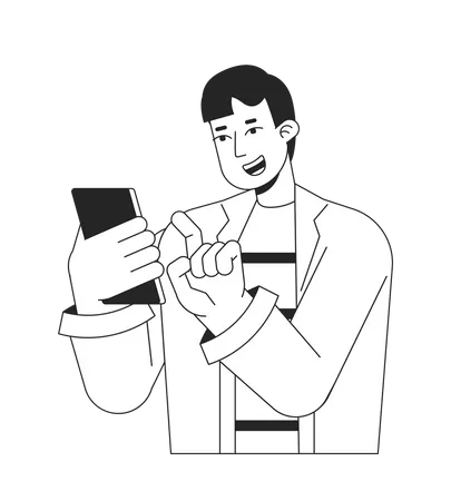 Un gars excité jouant sur un téléphone portable  Illustration