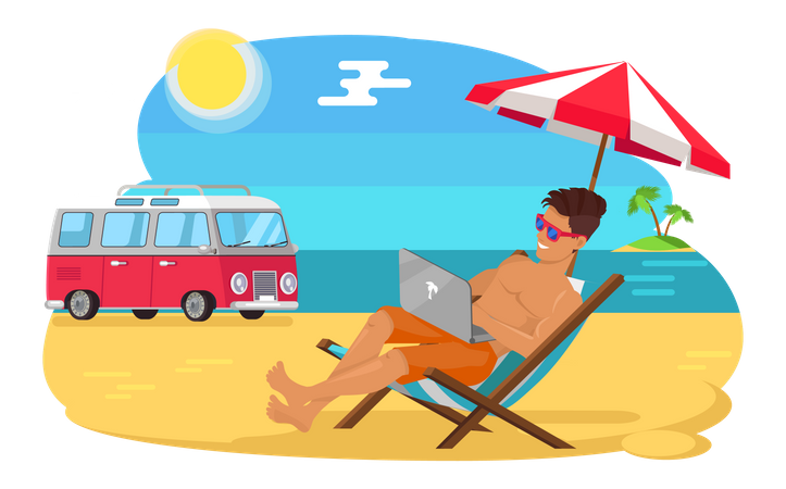 Guy freelance avec ordinateur portable travaillant à distance sur la plage  Illustration