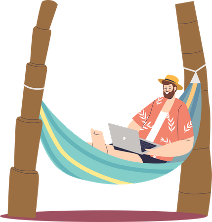 Un homme indépendant travaillant sur un ordinateur portable tout en étant allongé dans un hamac  Illustration